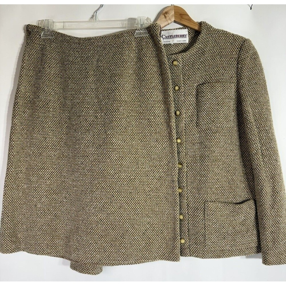 Vintage Castleberry Blazer & Skirt Suit Women’s Size 12 Gold Tan Wool Blend EUC